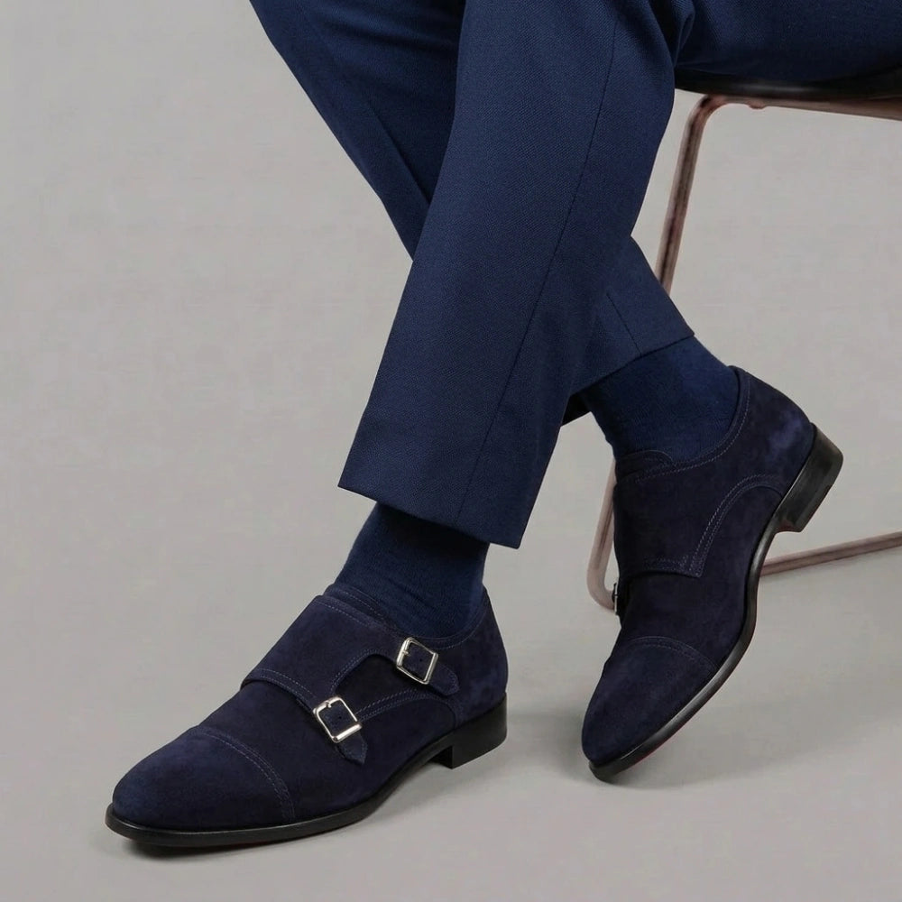 Chaussure homme à double boucle en daim bleu