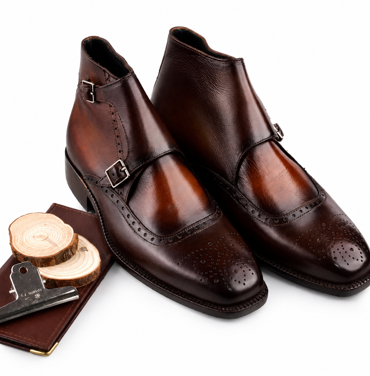 Men's Brown Patina Leather Double Monk Dress Boots
