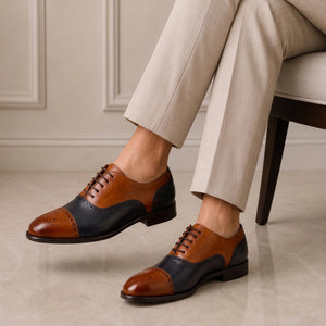 Elegant Men's Brown And Blue Semi Brogue Oxford In Leather in just £189.99