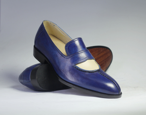 Men's Blue & Beige Patina Leather Moccasin Loafers