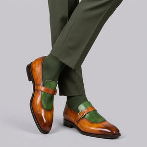 Men's Brown & Green Leather Monk Buckle Dress Loafers