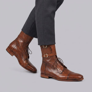 Men's Brown Leather Double Buckle Military Boots