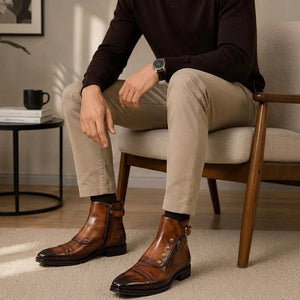 Men's Brown Patina Leather Ankle High Military Boots in just £199.99