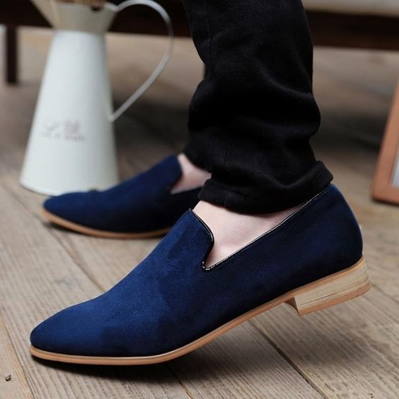 Mocassins en cuir suédé bleu pour hommes faits à la main
