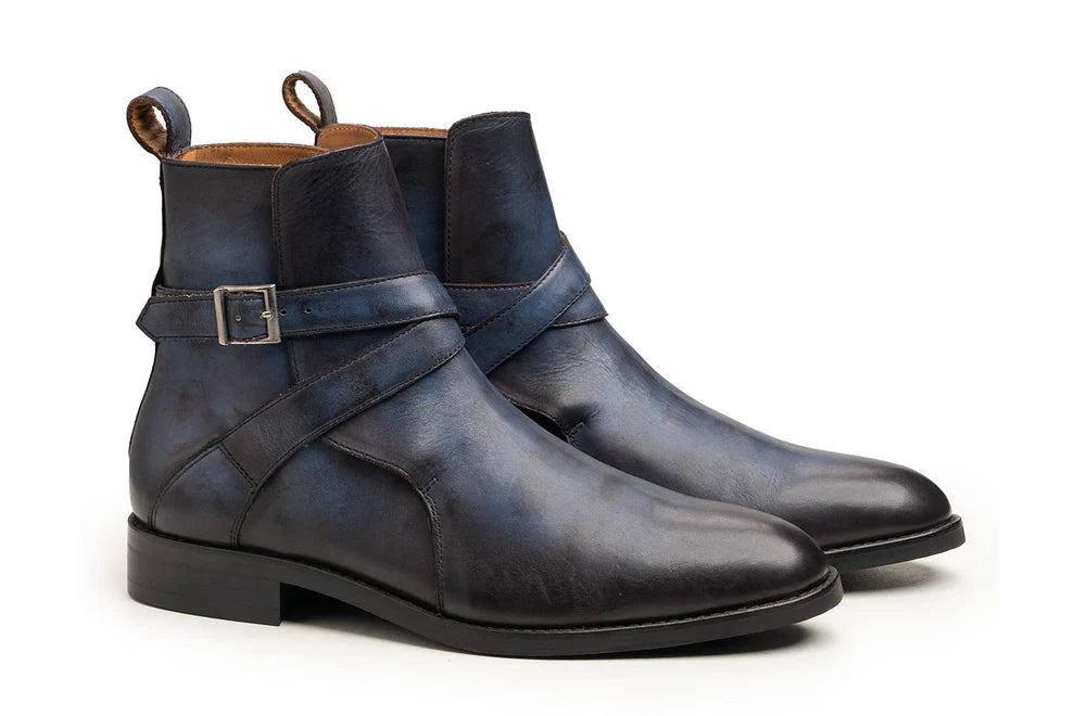 Handmade Men's Blue Leather Ankle High Jodhpur Boots