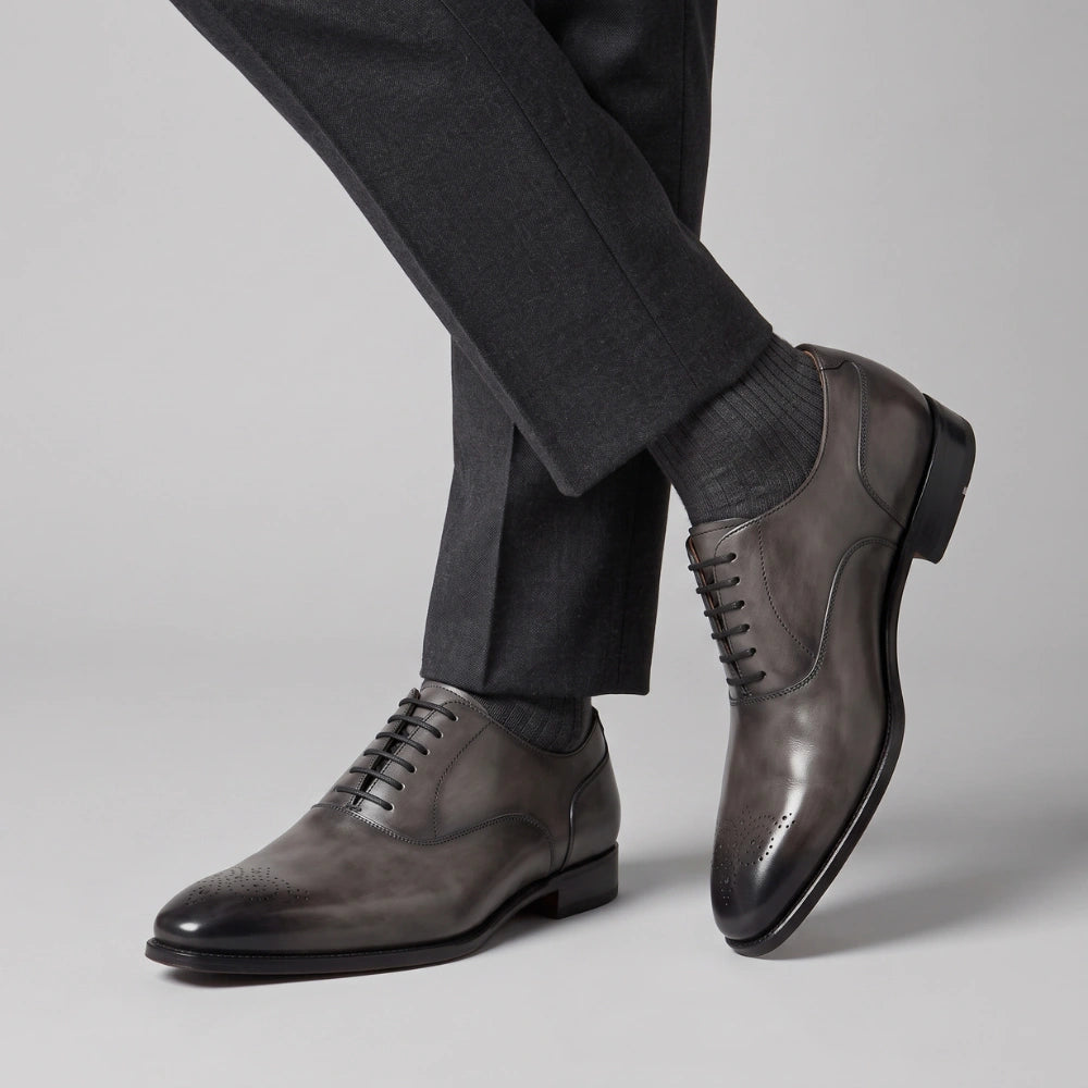 Handmade Men's Grey Patina Leather Formal Oxford Shoes