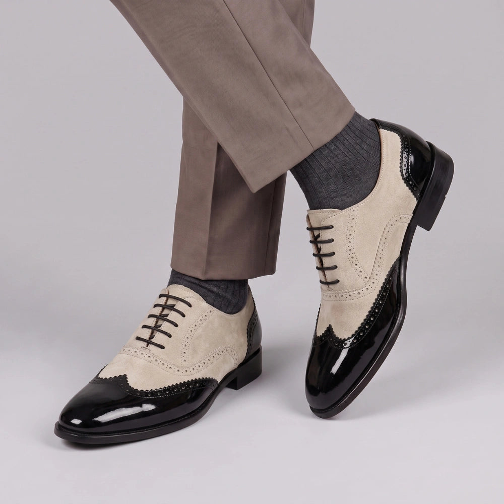 Men's Black & Beige Suede Leather Wingtip Oxford Shoes