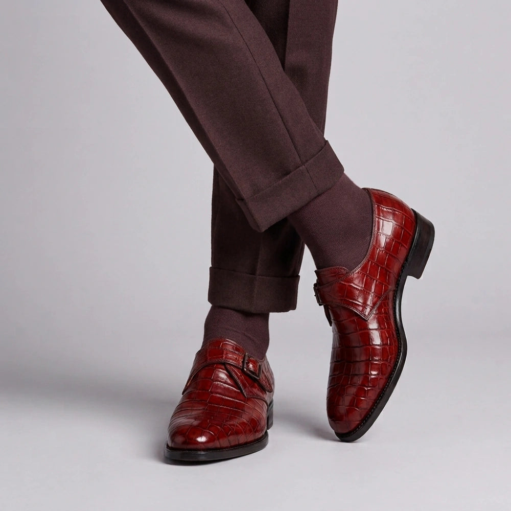 Men's Brown Patina Alligator Leather Monk Buckle Shoes