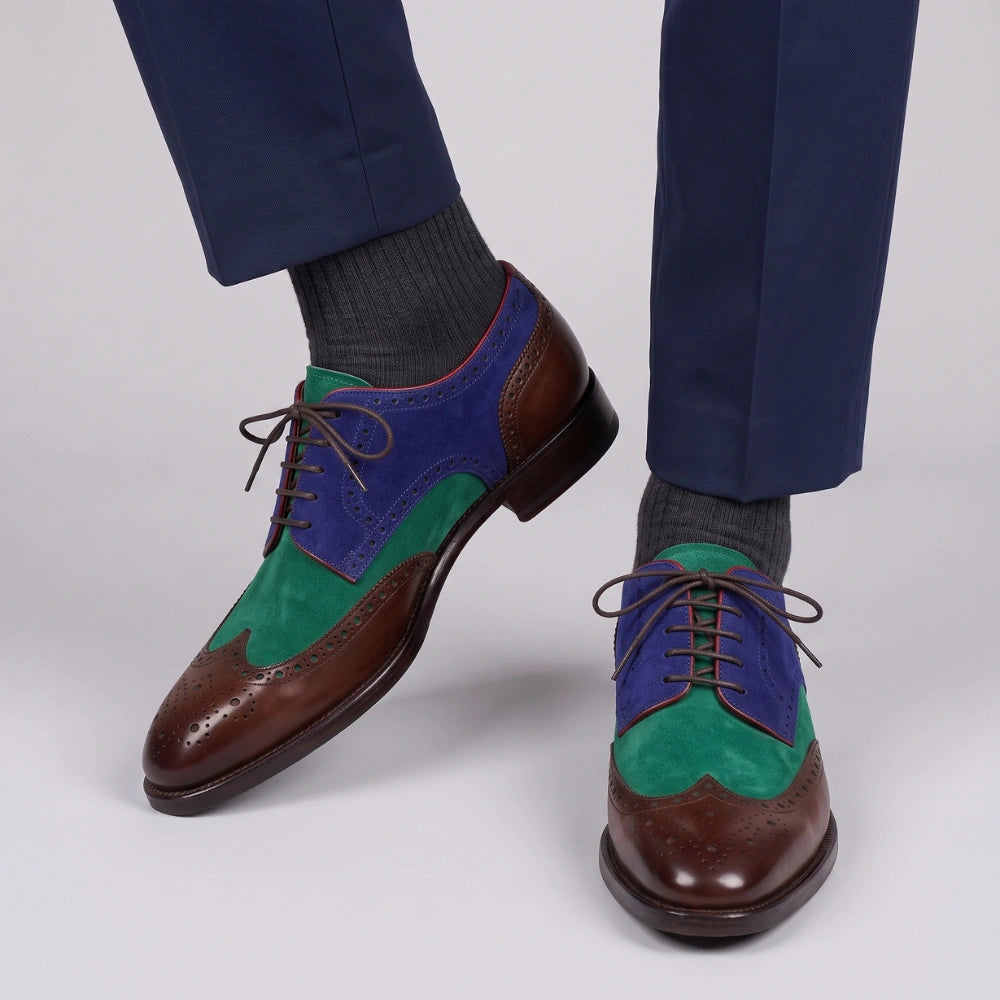 Handmade Men's Tri Tone Suede Leather Wingtip Oxford Shoes