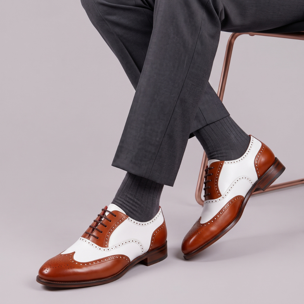 Two-Tone Cognac & Ivory Brogue Oxford Shoes