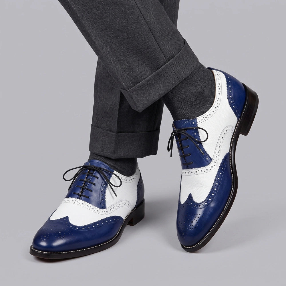 Men's Blue & White Leather Wingtip Brogue Oxford Shoes