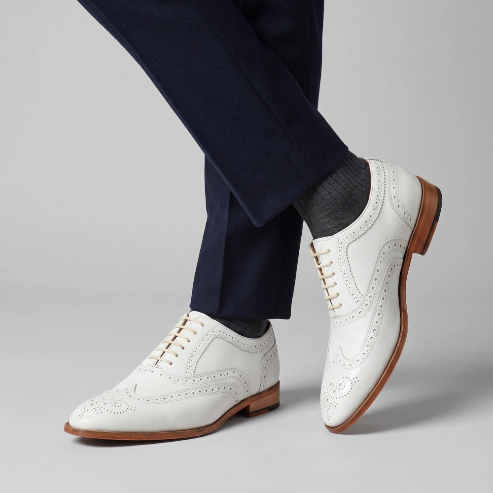 Men's White Genuine Leather Wingtip Oxford Shoes
