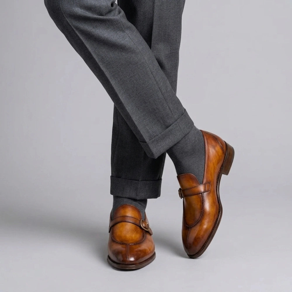 Men's Brown Patina Leather Monk Buckle Loafers