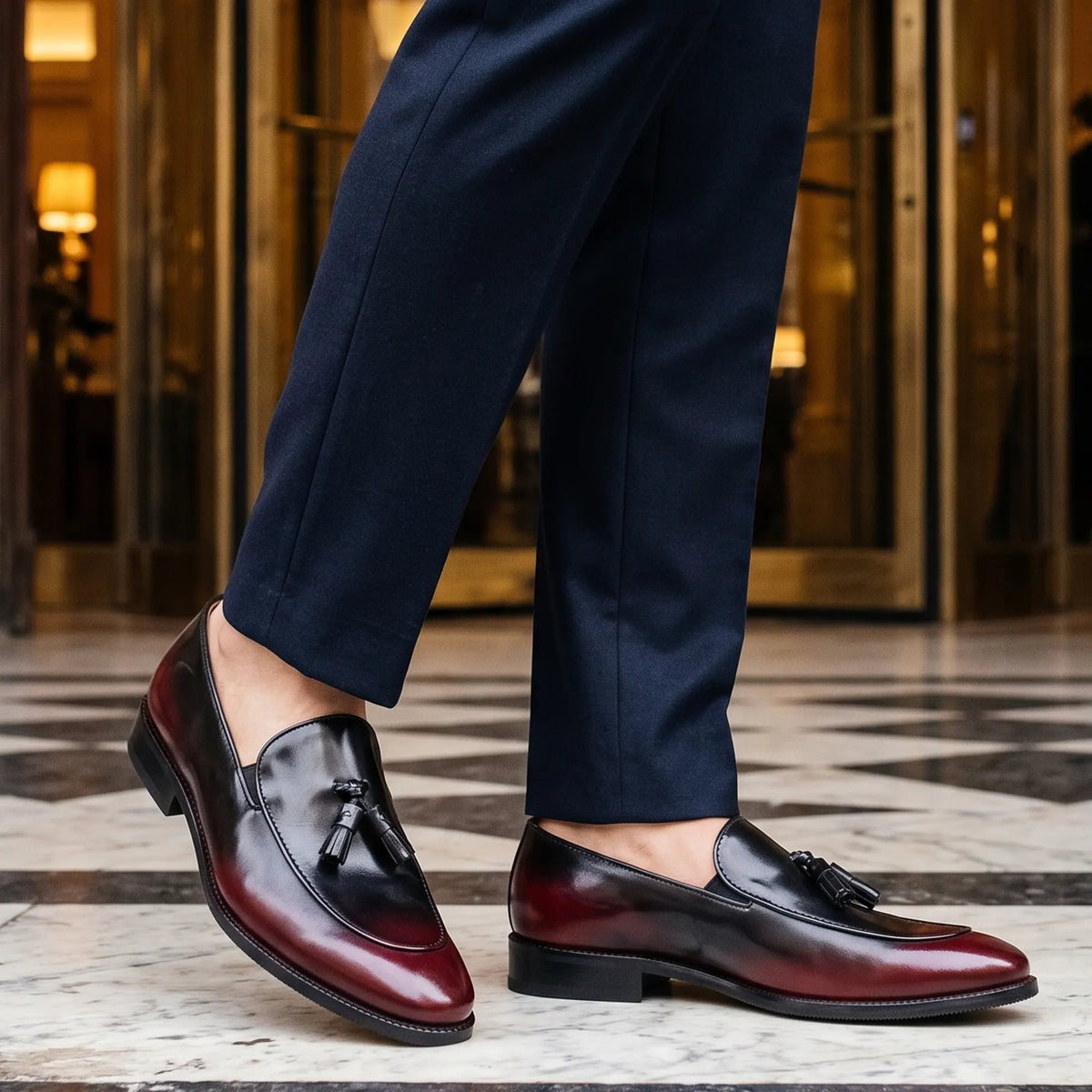Men's Burgundy Hand Painted Leather Tassel Loafers
