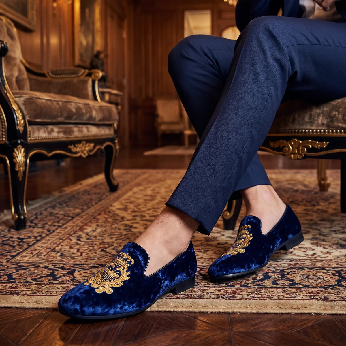 Handmade Men's Blue Embroidered Velvet Luxury Loafers