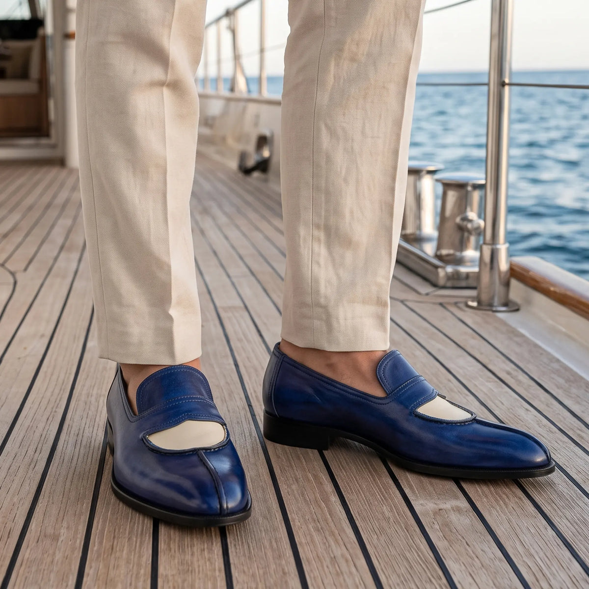 Men's Blue & Beige Patina Leather Moccasin Loafers