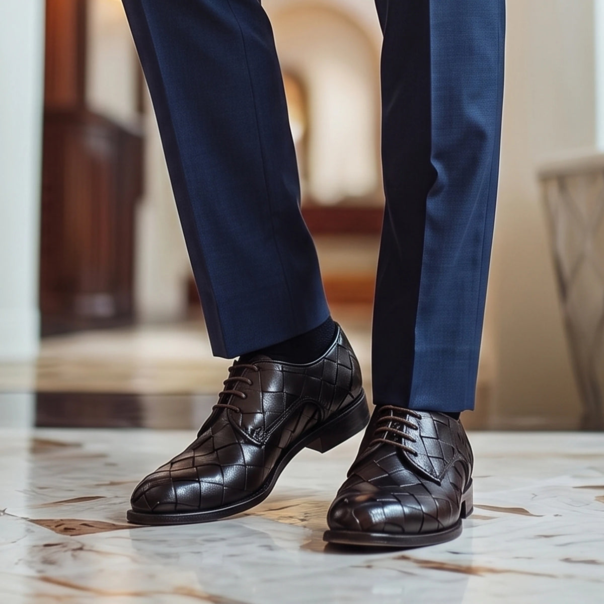 Elegant vintage black derby for men in woven leather