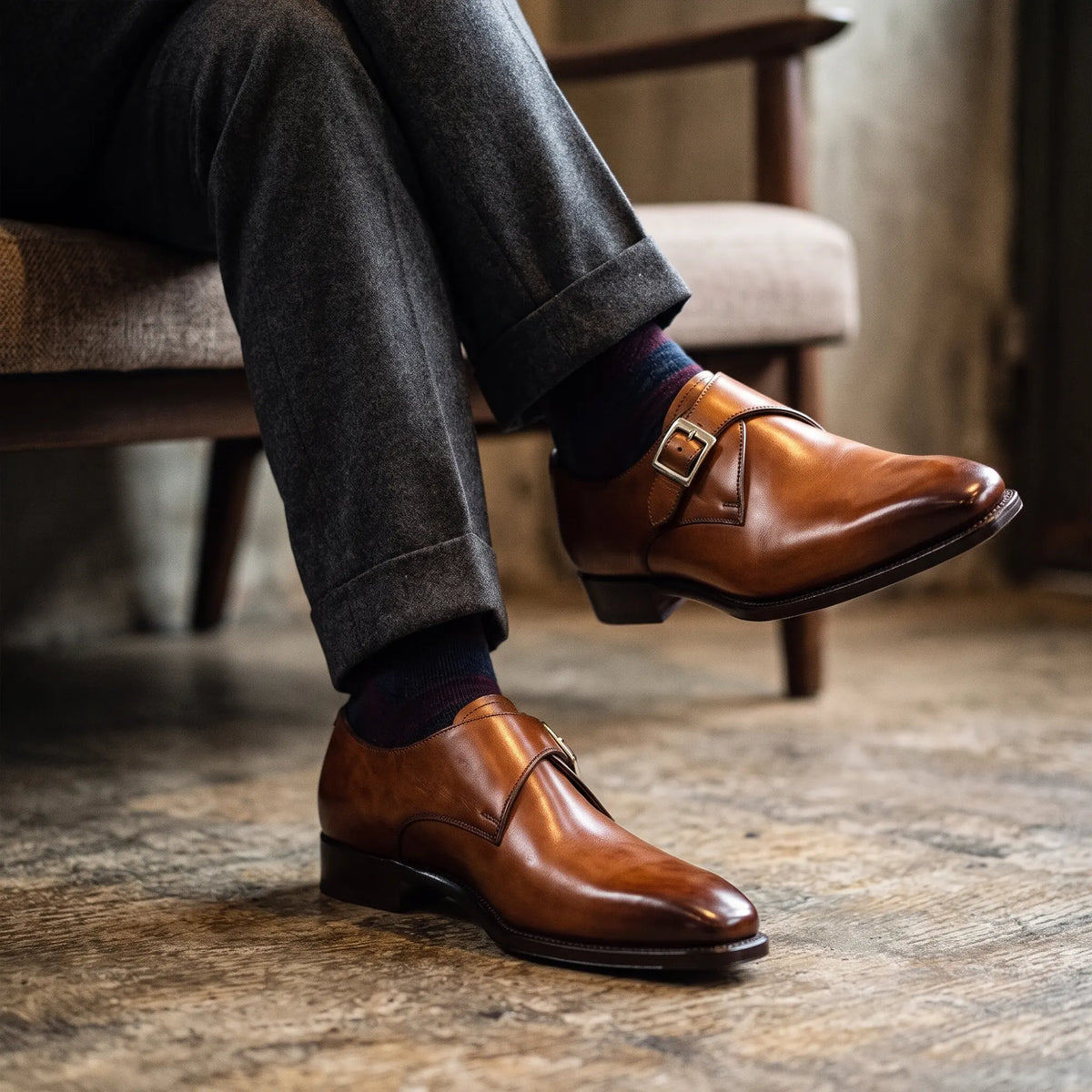 Handmade Men's Brown Leather Monk Style Formal Shoes