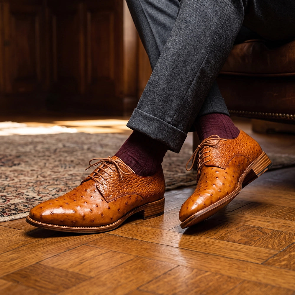 Chaussures Derby en cuir d'autruche marron faites à la main pour hommes