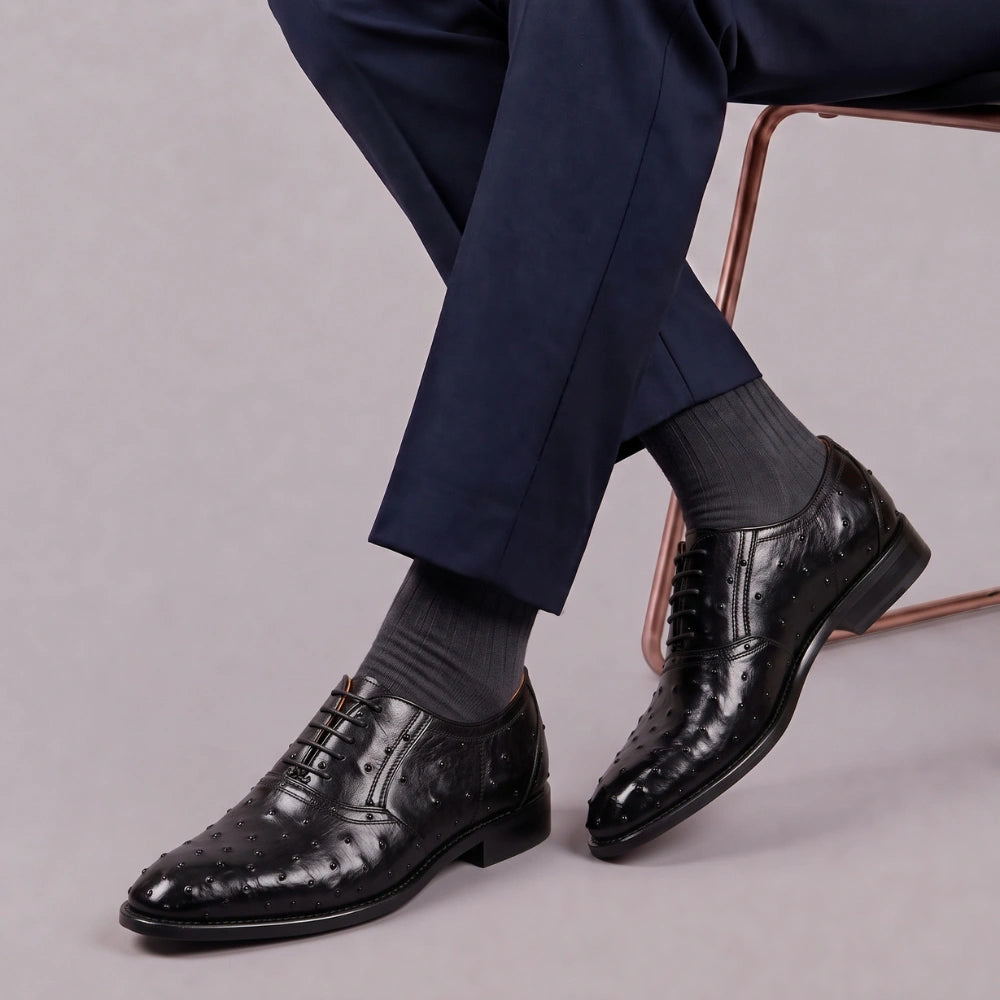 Men's Black Ostrich Impression Leather Oxford Shoes