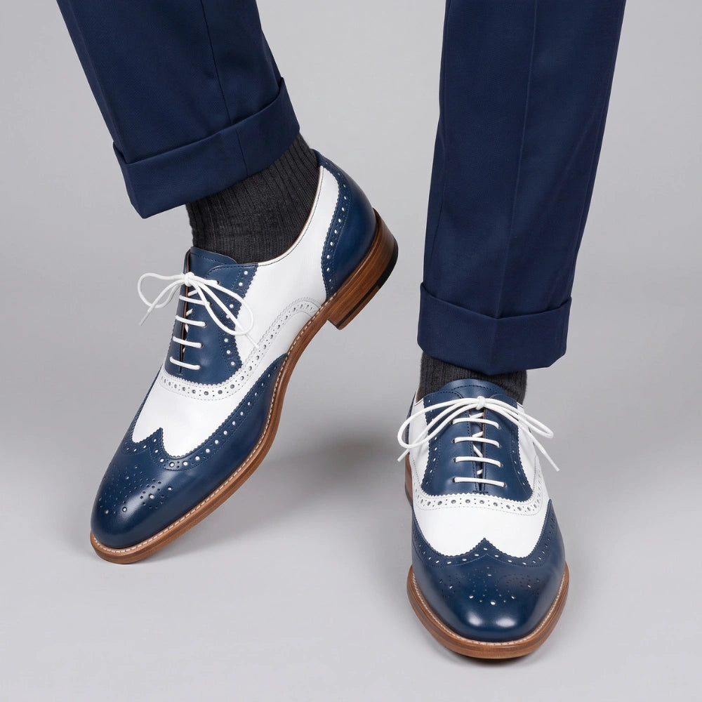 Men's Blue & White Leather Oxford Spectator Shoes