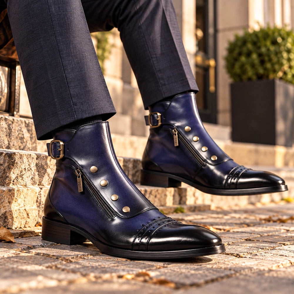 Men's Blue Patina Leather Ankle High Military Boots
