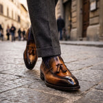 Handmade Men's Brown Patina Leather Tassel Loafers