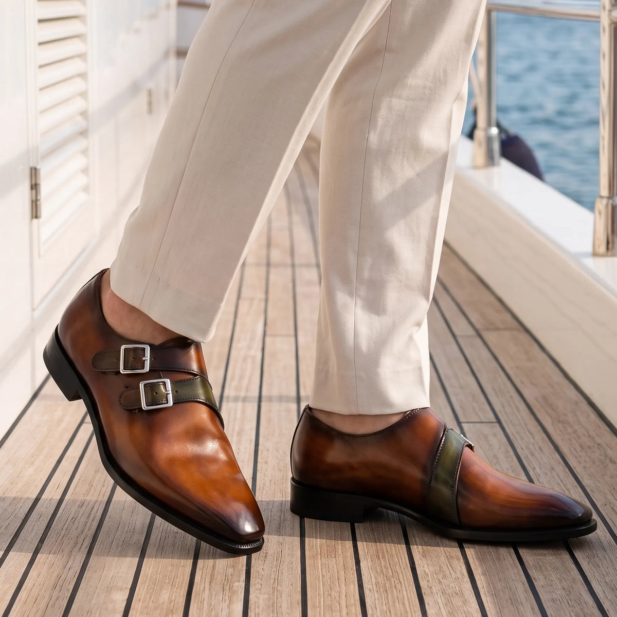 Handmade Men's Brown Patina Leather Double Monk Shoes