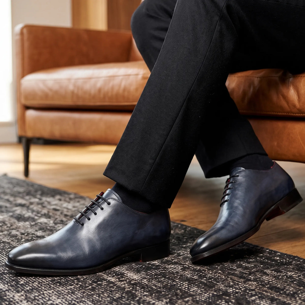 Chaussures homme entièrement faites à la main en CUIR de veau bleu delavé