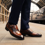 Men's Brown Patina Leather Monk Style Derby Shoes