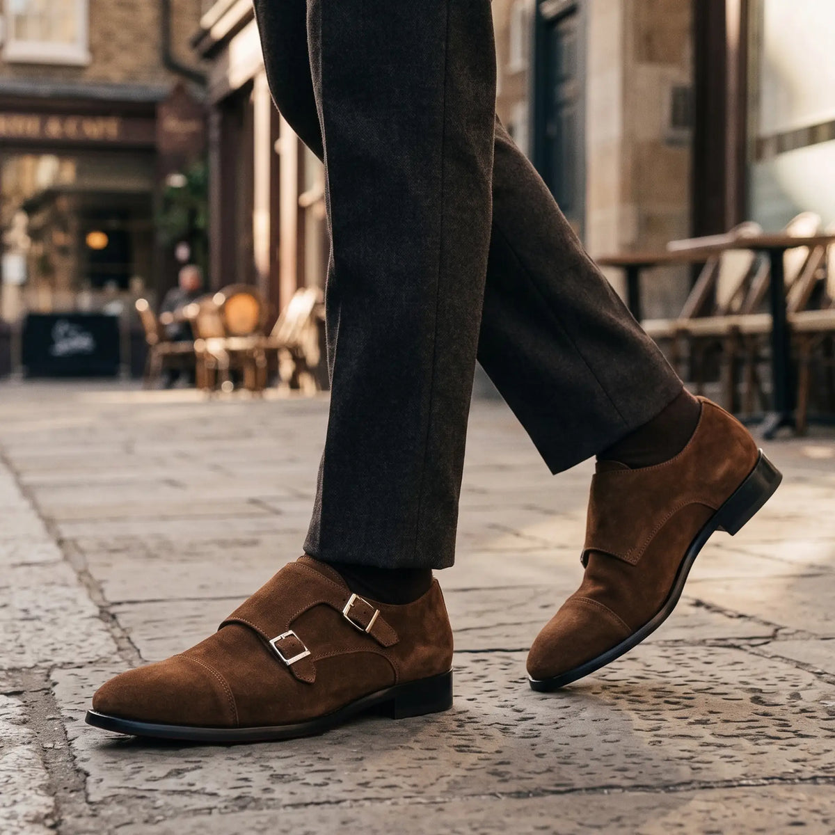 Herrenschuh mit Doppelschnalle aus hellbraunem Wildleder