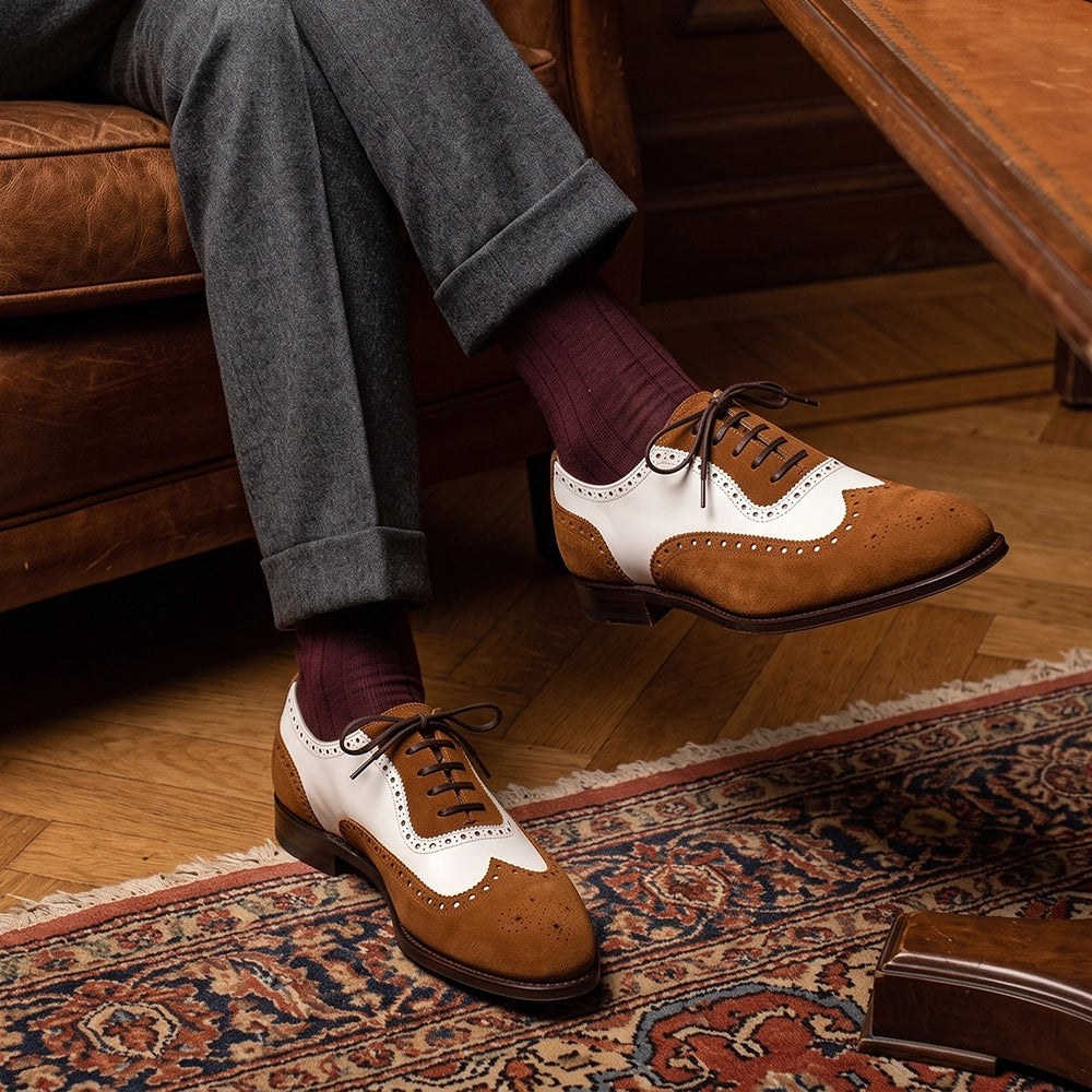 Men's Brown & White Suede Leather Wingtip Shoes