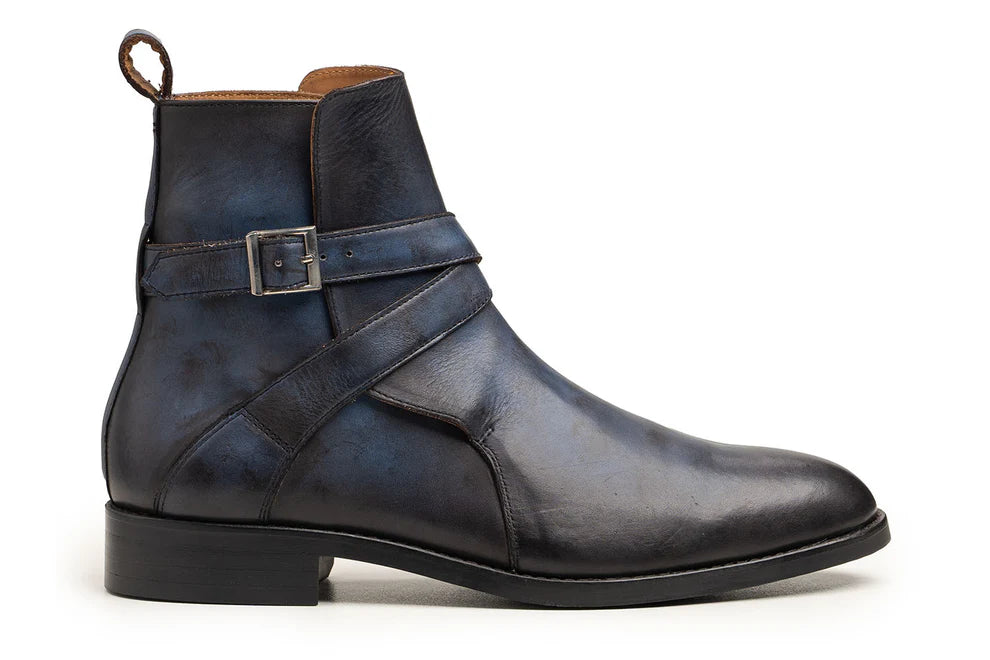 Handmade Men's Blue Leather Ankle High Jodhpur Boots