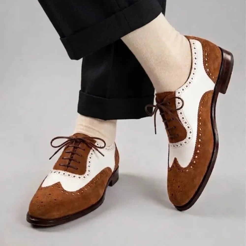 Men's Brown & White Suede Leather Wingtip Shoes