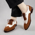 Men's Brown & White Suede Leather Wingtip Shoes