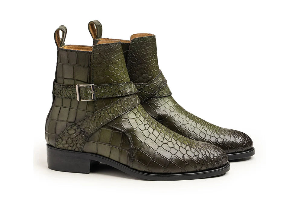 Men's Olive Green Alligator Leather Ankle High Jodhpur Boots