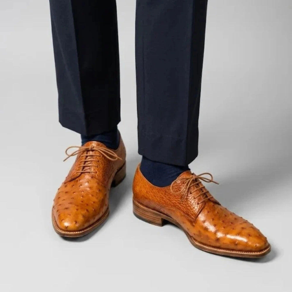 Handmade Men's Tan Derby Ostrich Leather Shoes