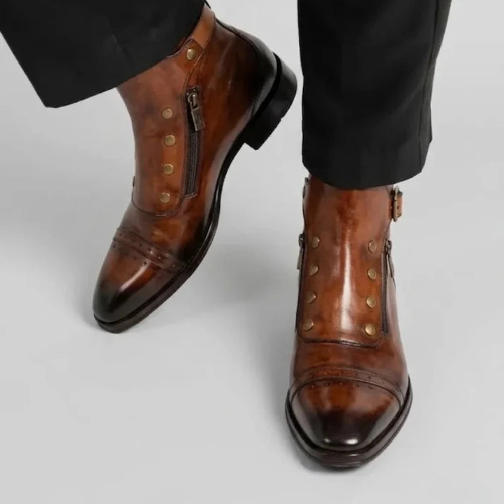Men's Brown Patina Leather Ankle High Military Boots