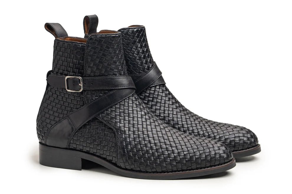 Men's Black Woven Leather Ankle High Jodhpur Boots