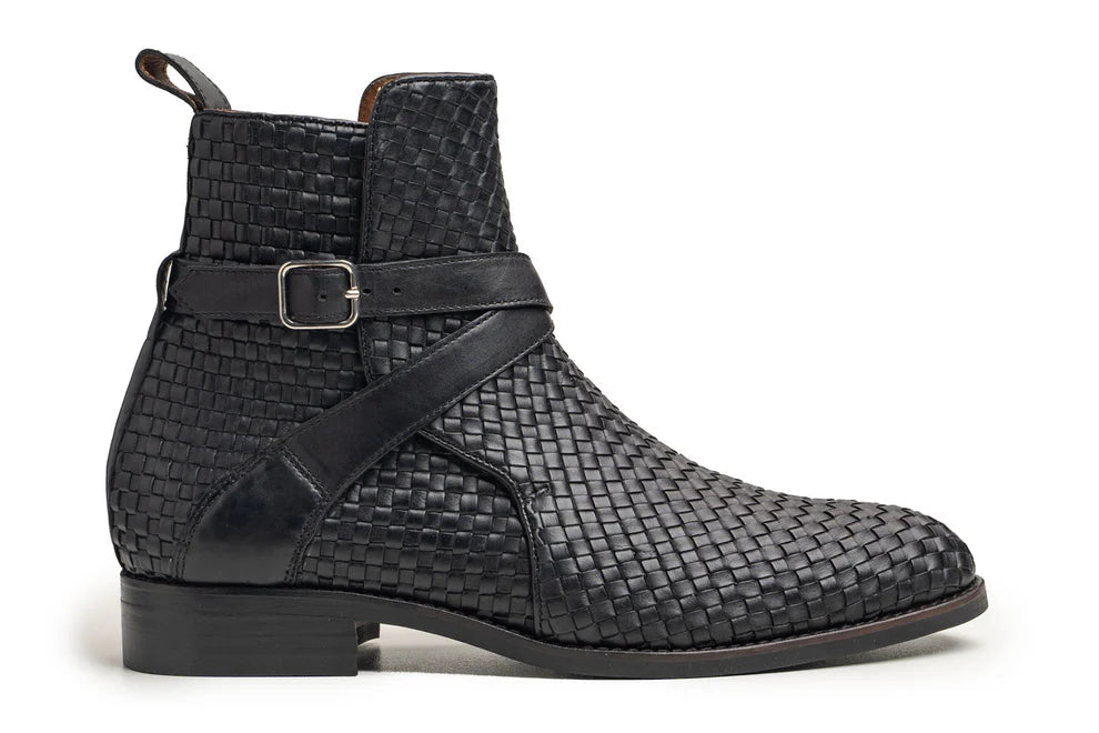 Men's Black Woven Leather Ankle High Jodhpur Boots