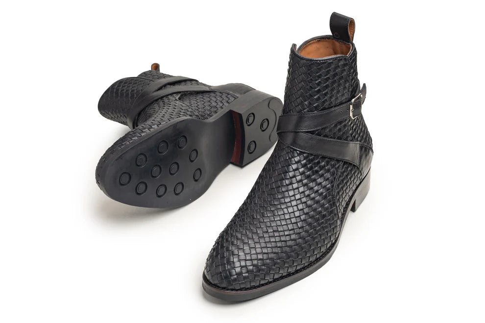 Men's Black Woven Leather Ankle High Jodhpur Boots