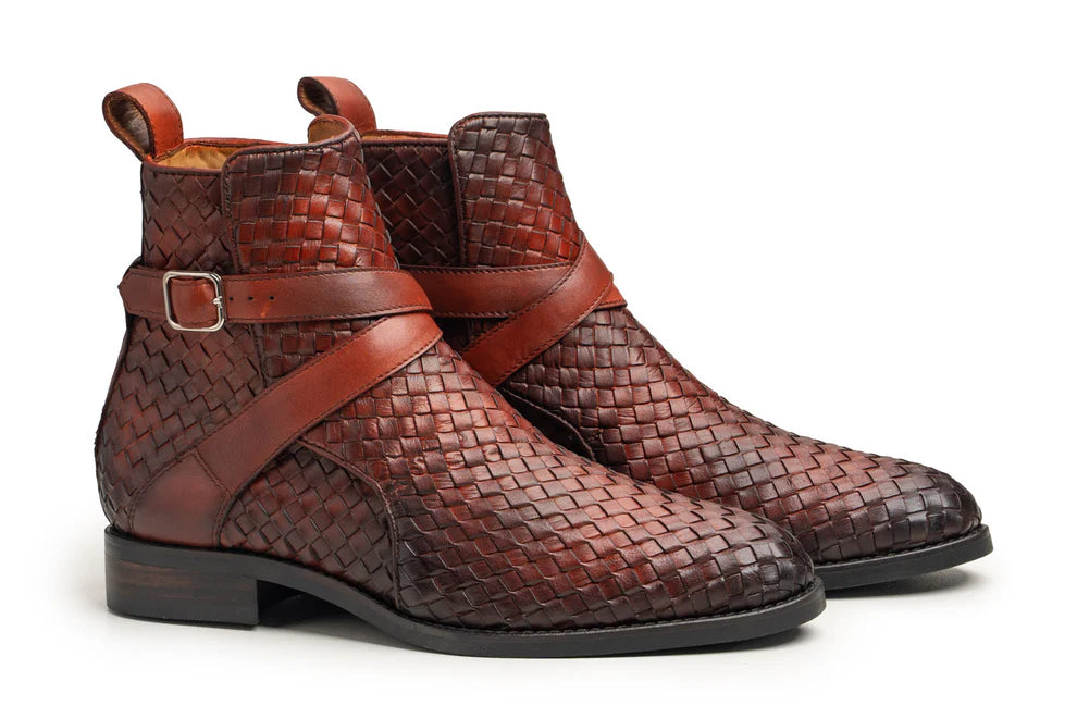 Men's Brown Woven Leather Ankle High Jodhpur Boots