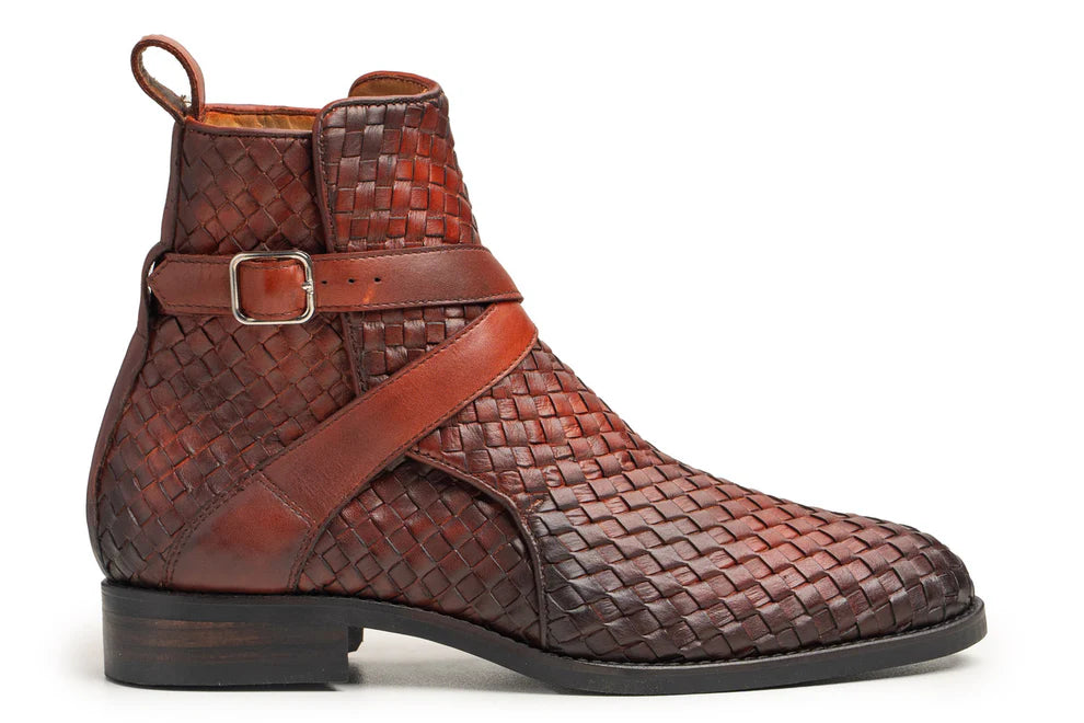 Men's Brown Woven Leather Ankle High Jodhpur Boots