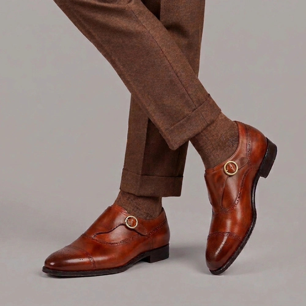 Handmade Men's Brown Leather Monk Buckle Shoes