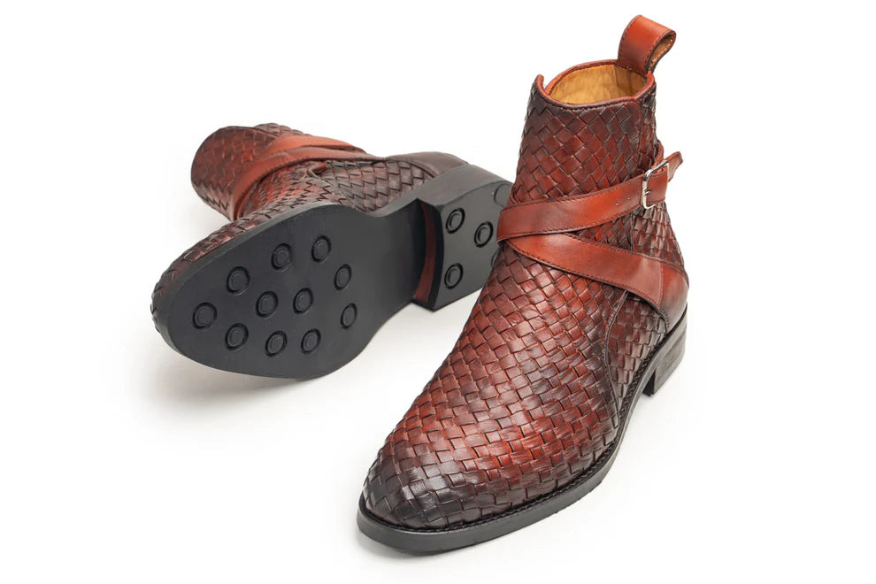 Men's Brown Woven Leather Ankle High Jodhpur Boots