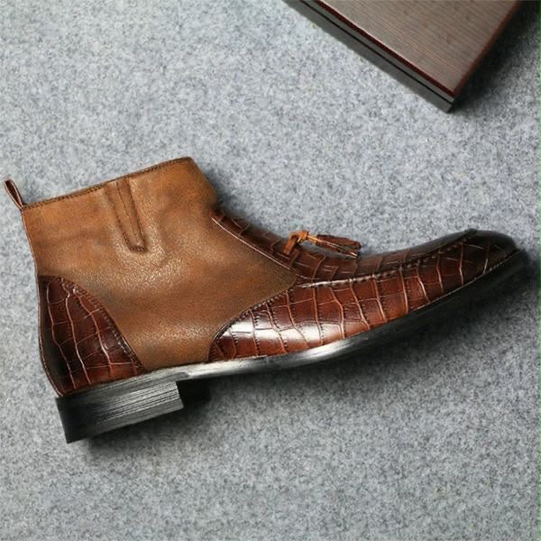 Men's Brown Alligator Texture Leather Tasseled Zipper Boots