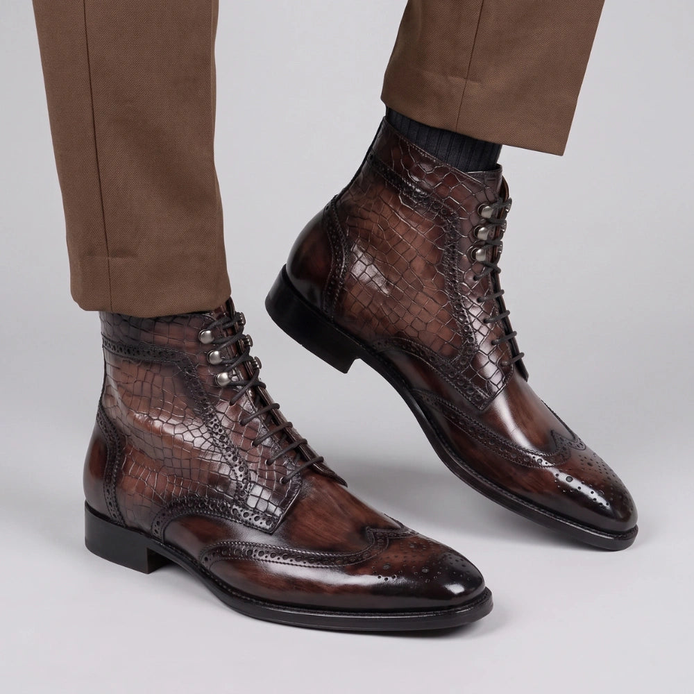 Wingtip Lace Up Boots- Croc Brown