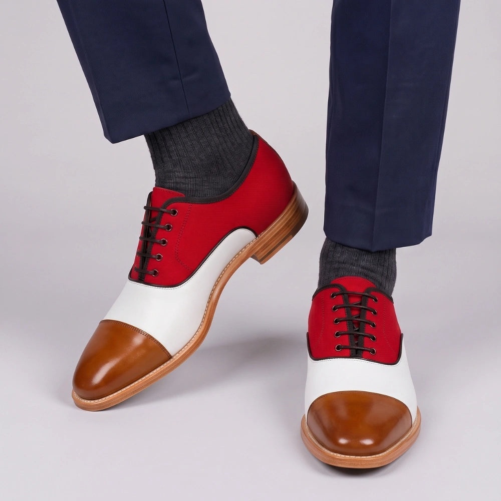 Handmade Men's Tri Tone Suede Leather Cap Toe Oxford Shoes