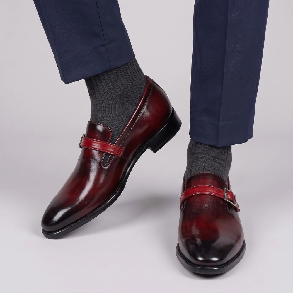 Single Monk Strap Loafers - Wine Red