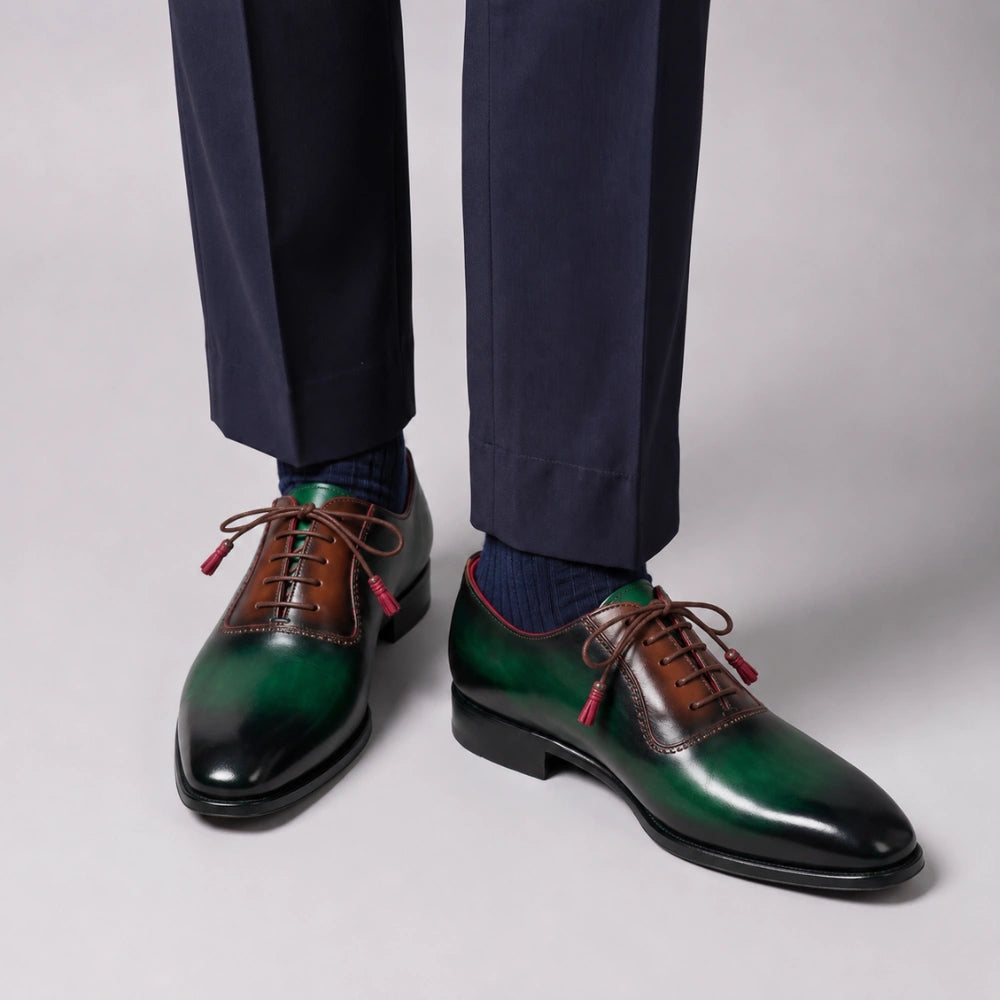 Men's Green & Brown Patina Leather Oxford Shoes
